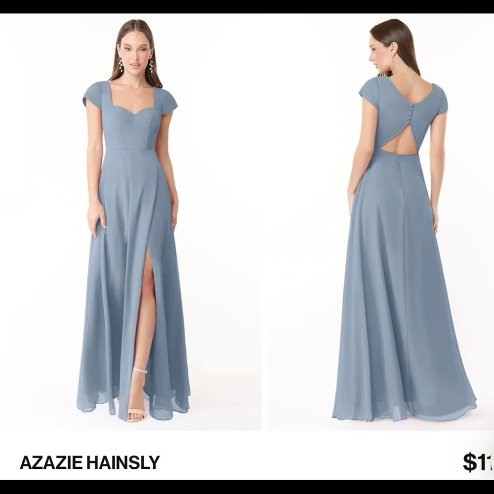 Azazie dusty blue hainsly bridesmaid dress.